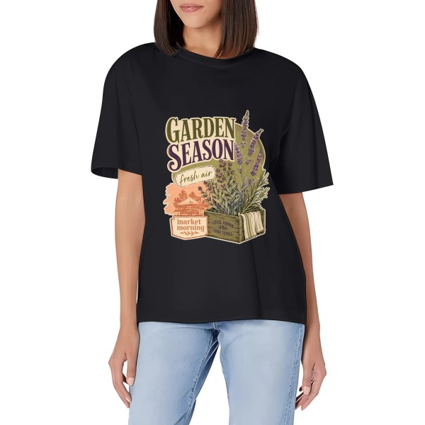 Women's Garden Season Market Morning Graphic Short Sleeve Crew Neck Cotton T-Shirt