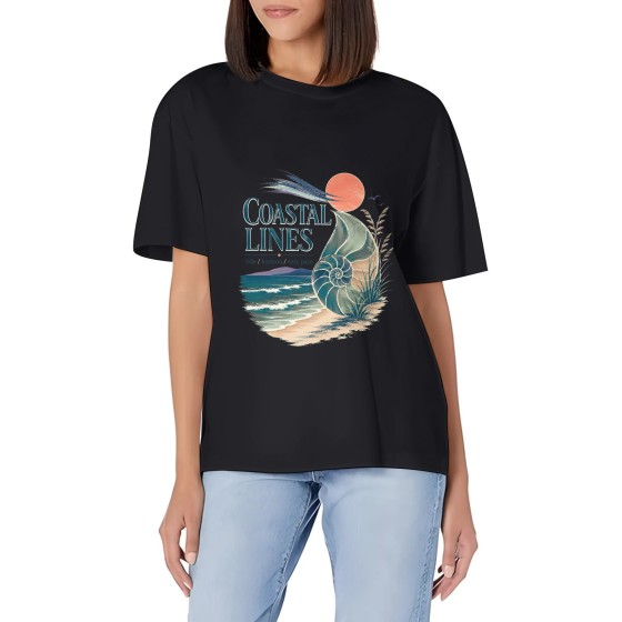 Women's Coastal Lines Shell Beach Graphic Short Sleeve Crew Neck Cotton T-Shirt