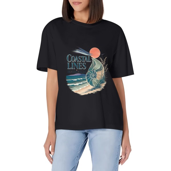 Women's Coastal Lines Shell Beach Graphic Short Sleeve Crew Neck Cotton T-Shirt