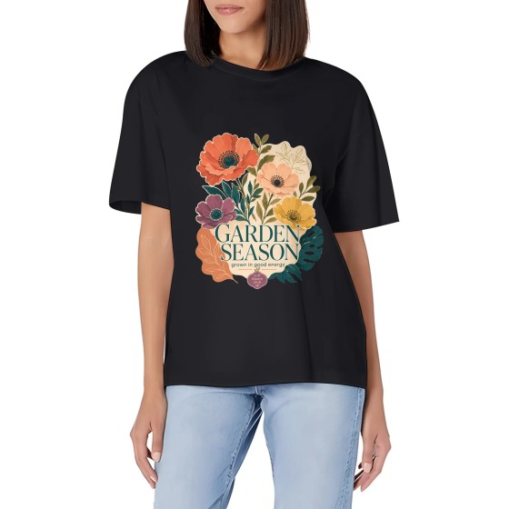 Women's Garden Season Floral Coastal Air Graphic Short Sleeve Crew Neck Cotton T-Shirt