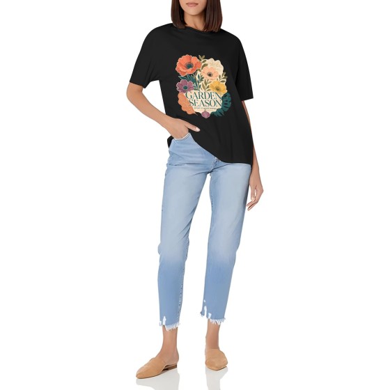 Women's Garden Season Floral Coastal Air Graphic Short Sleeve Crew Neck Cotton T-Shirt